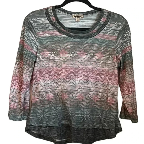 One World: Live and Let Live Sage and Pink Blouse w/ Aztec Print Size PM - Picture 1 of 7
